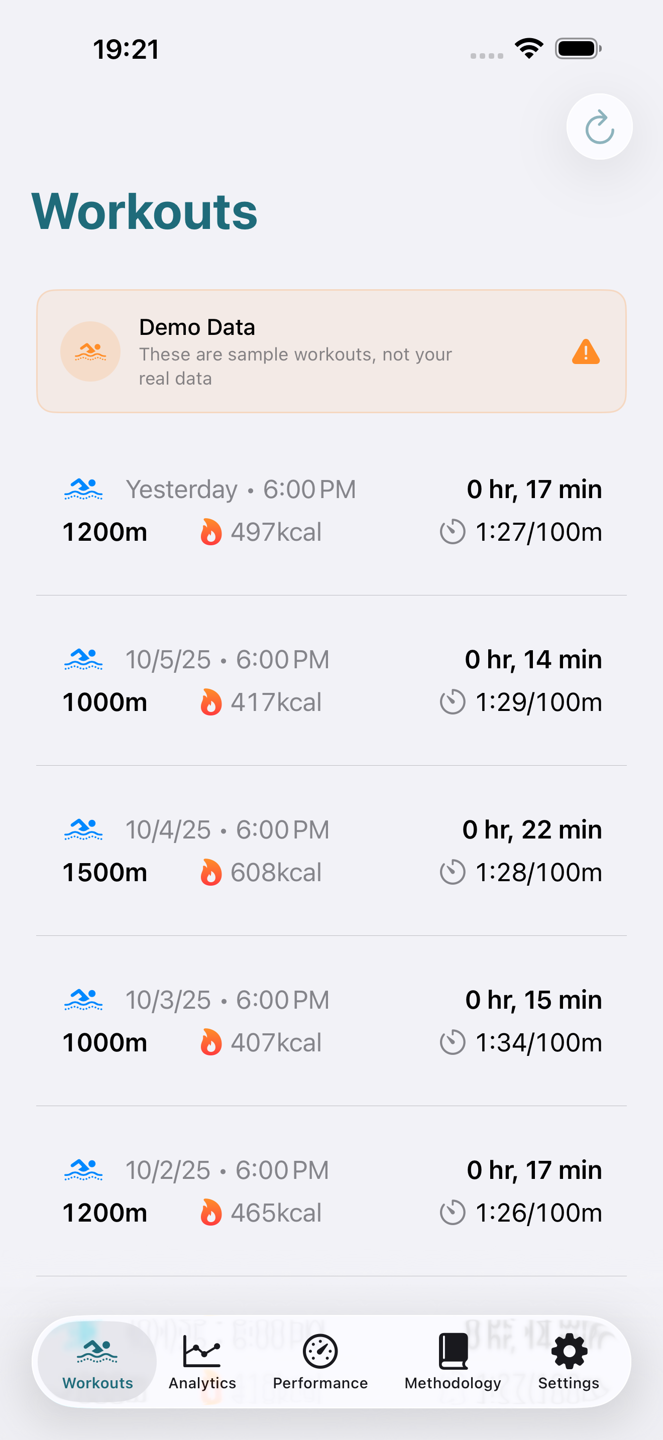 Swim Analytics workout list showing swimming sessions with TSS scores and training zones